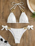 Bikini Ruched Texture Golden Chain 2 Piece Triangle Swimsuit for Women – Striped Halter Bikini Set with Bow Tie Side and Elegant Ring Link Detail – Stretchy Beachwear for Pool Bathing and Summer Vacations