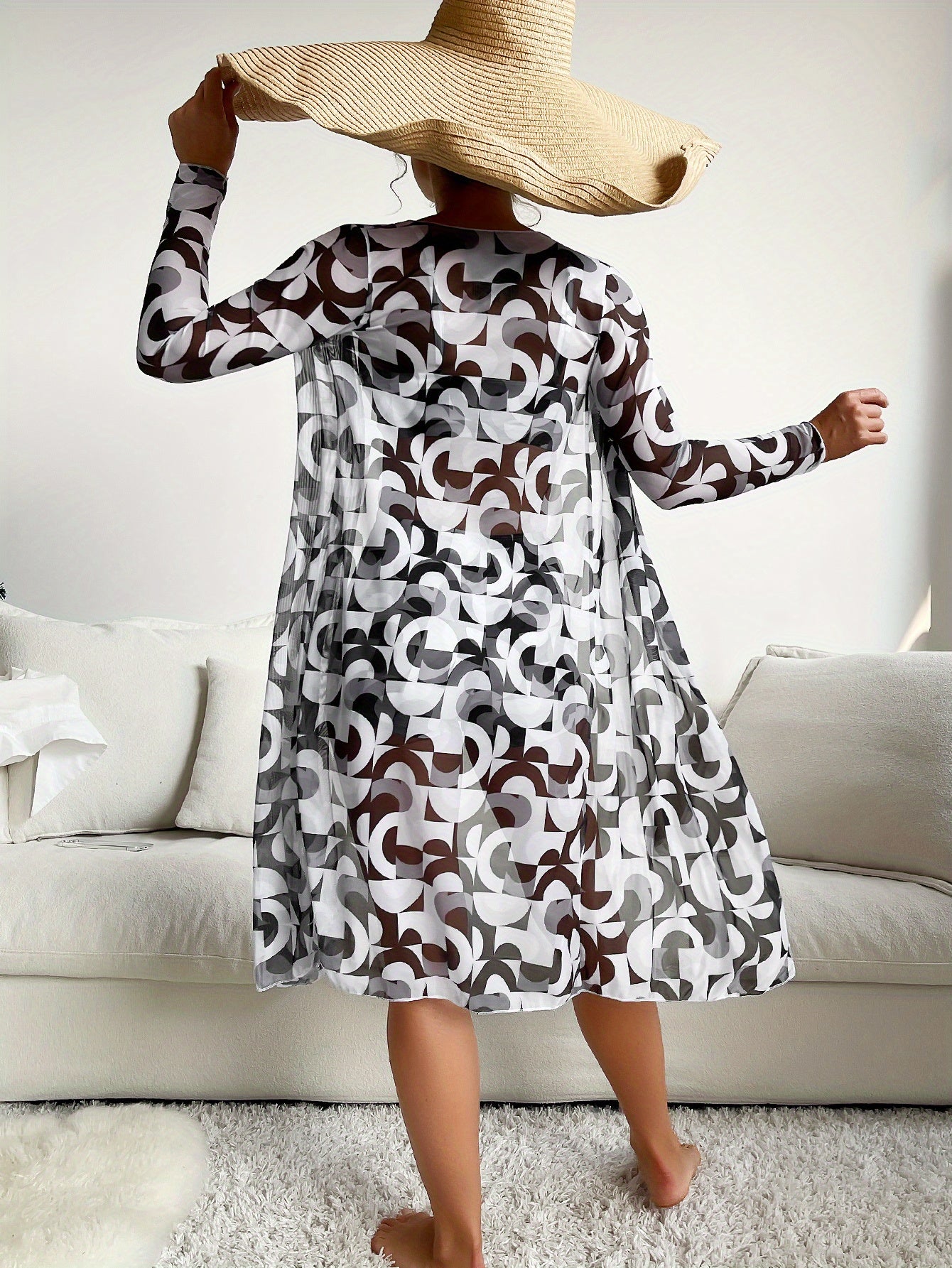 Luxe Lines 3-Piece Geometric Bikini Set for Women – High Rise Drawstring Bikini with Boxer Shorts & Long Sleeve Sheer Kimono Cover-Up – Bold & Breezy Women’s Swimwear for Summer Beach Pool & Getaways