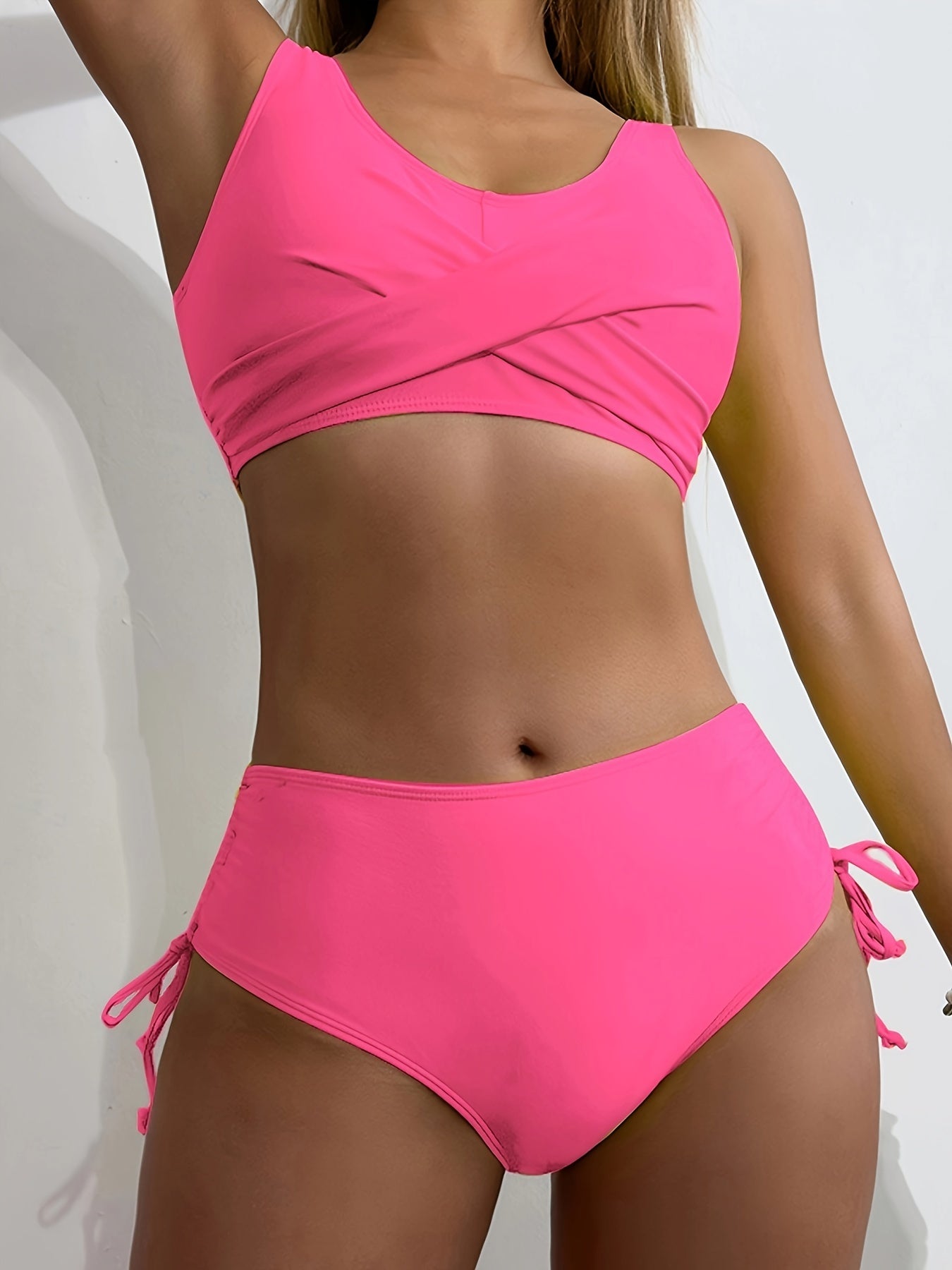 Bikini Twist Front V Neck High Waist 2 Piece Bikini Set for Women – Stretchy Tie Back Swimsuit with Drawstring Lace Up and Comfortable Fit – Trendy Solid Color Swimwear for Beach Days Pool Parties and Summer Vacations