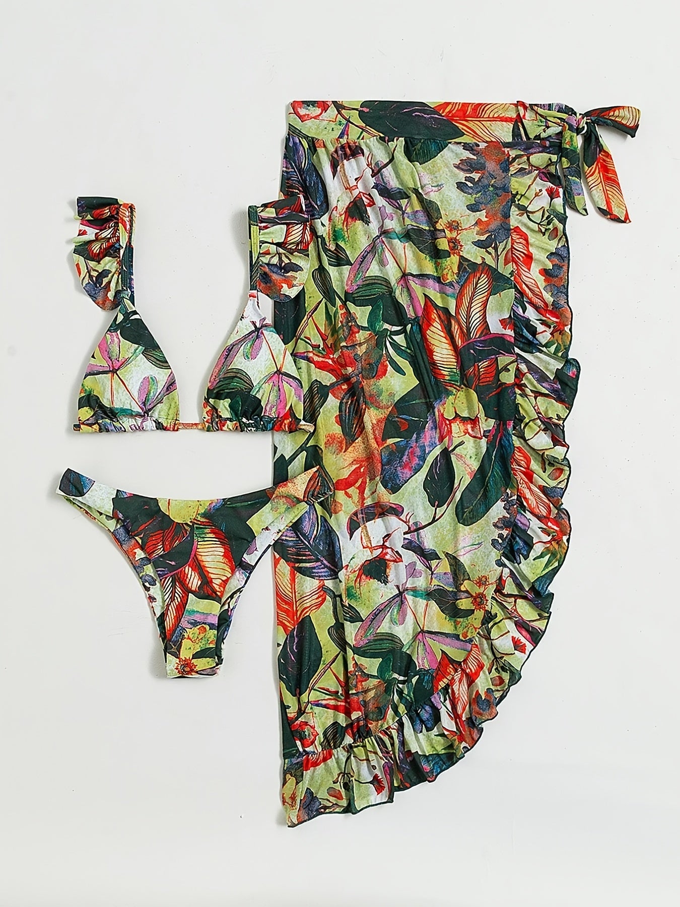 Bloom Breeze 3-Piece Bikini Set – Elegant High Cut Floral Fluttering Swimsuit with Lettuce Trim Tie Back Bandeau and Coordinating Cover Up Skirt – Women's Romantic Swimwear for Beach & Resort Vacations