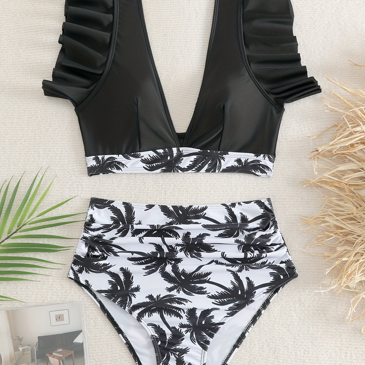 Bikini Black Solid Color Ruffle V Neck 2 Piece Swimsuit for Women – High Waisted Flattering Bikini Set with Lettuce Trim Bottoms – Sleek Stretchy Fabric Swimwear for Beach Days Poolside Style and Summer Vacation Looks