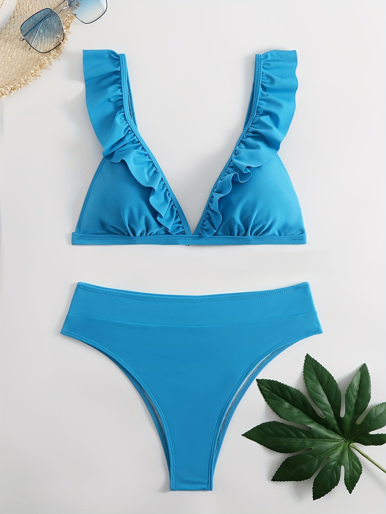 New Elegance Curve V-Neck Bikini Set – Sleek Solid Color High Waist Swimsuit with High-Cut Leg and Delicate Lettuce Trim – Stretch Comfort and Easy-Care Two-Piece Swimwear for Women’s Poolside Style