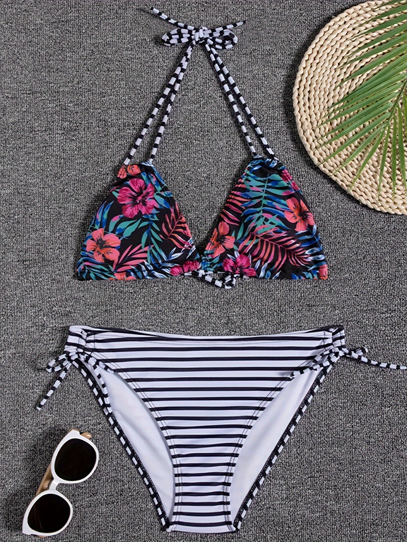 Sunset Bloom 2-Piece Triangle Bikini Set for Women – Vibrant Random Floral Print Halter Neck Swimsuit with Tie-Back Tie-Side Bottoms & High Cut Legs – Women's High-Stretch Swimwear for Summer Beach Escapes