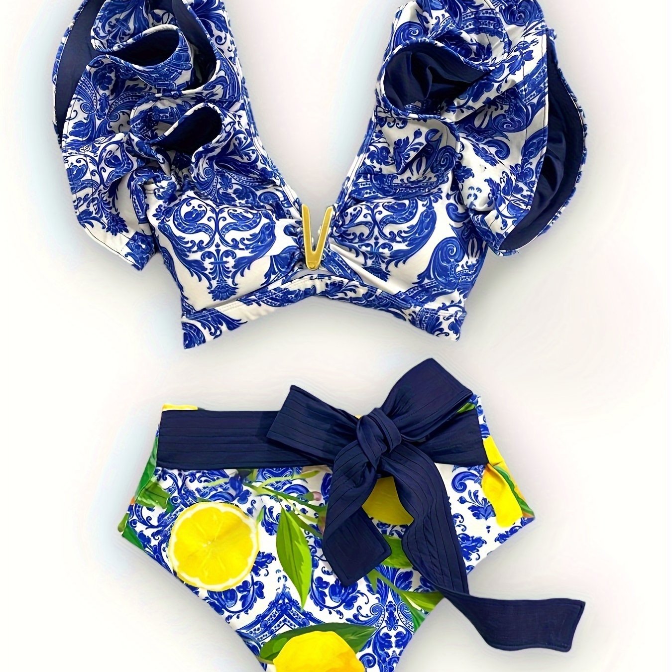 New Vibrant Ruffle V-Notch Bikini Set – Flattering Tie Front Design with High Waist & High Cut Bottoms – Solid Color Two-Piece Swimsuit for Women’s Valentine’s Day Beachwear Poolside Lounging & Summer Escapes