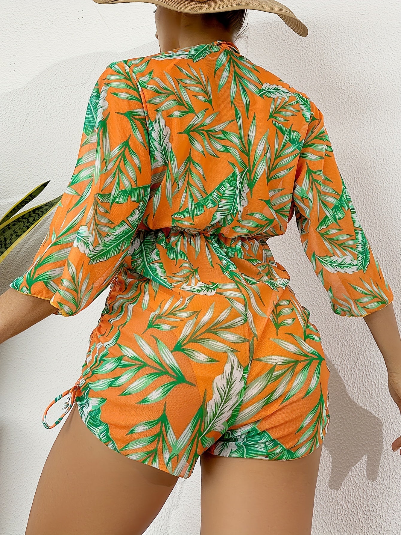 Island Bloom 3-Piece Bikini Set for Women – Tropical Leaf Print Fluttering Swimwear with Flattering Halter Neck Top High Waist Bottoms & Adjustable Drawstring Cover Up – Perfect for Koningsdag Celebrations & Summer Adventures