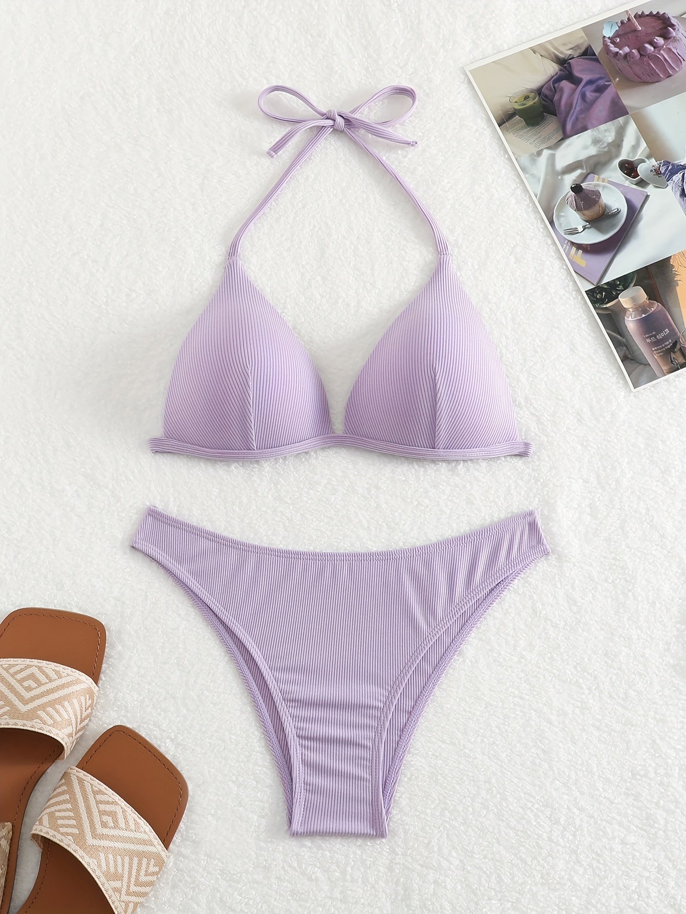 Bikini Rib Knit Solid Color Triangle 2 Piece Swimsuit for Women – Adjustable Tie Back Halter Bikini Set with Spaghetti Straps – High Stretch Polyester Swimwear for Summer Beachwear Poolside Relaxation and Tropical Vacation