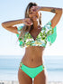 Bloom Day Ruffle Bikini Set – Chic Elegant Plant Print V-Neck Swimsuit with Tie-Back and High-Stretch Ruffle Trim – Women's 2-Piece Swimwear for Poolside Style & King’s Day Celebrations