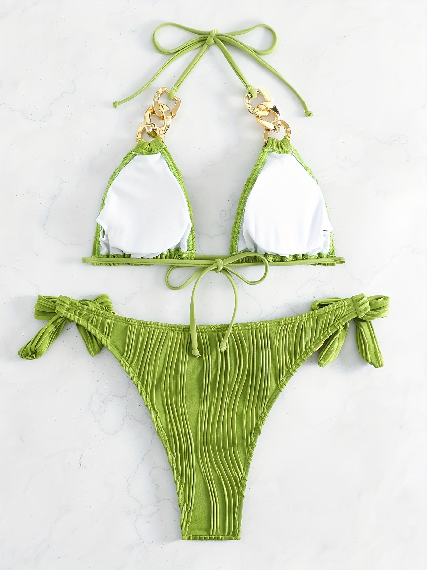 Bikini Ruched Texture Golden Chain 2 Piece Triangle Swimsuit for Women – Striped Halter Bikini Set with Bow Tie Side and Elegant Ring Link Detail – Stretchy Beachwear for Pool Bathing and Summer Vacations
