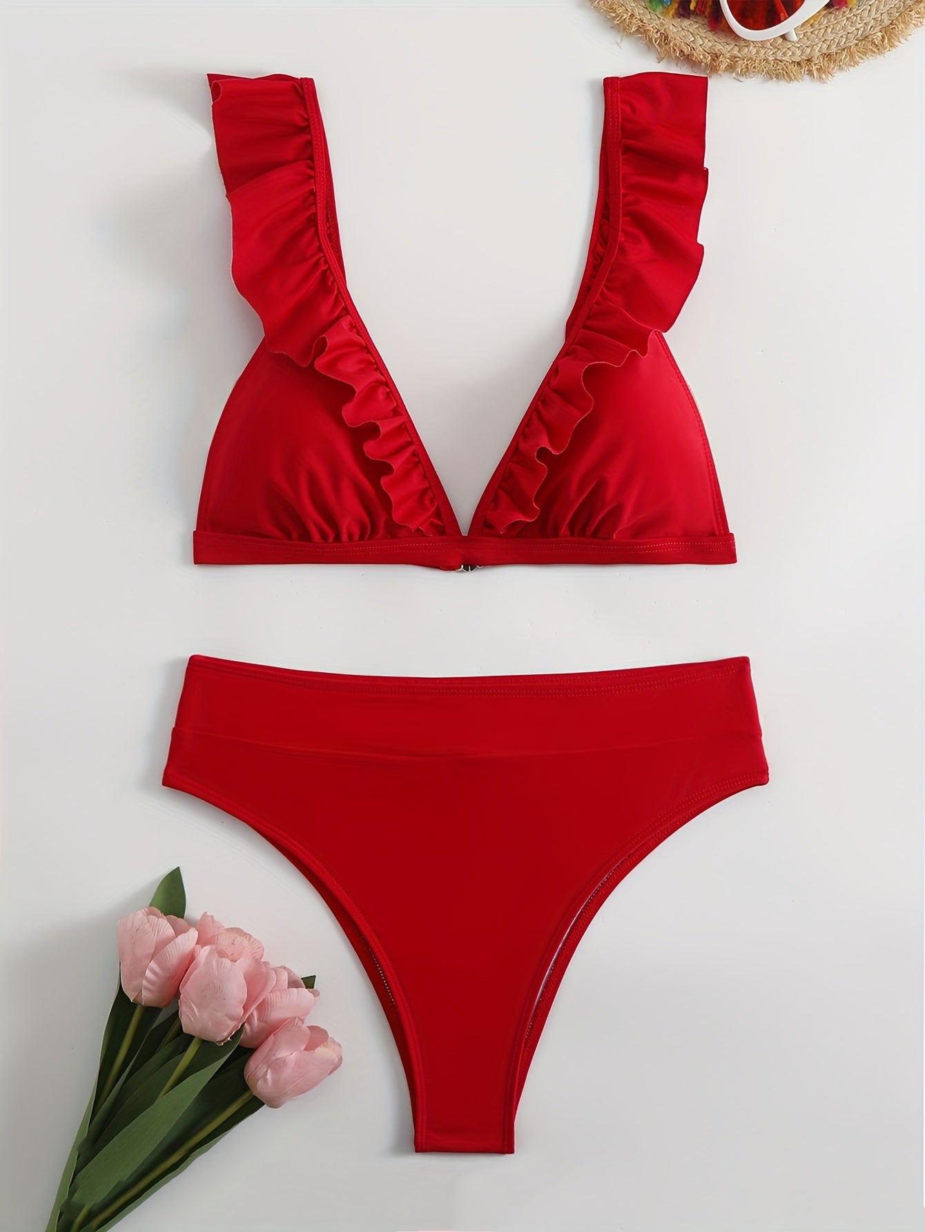 New Elegance Curve V-Neck Bikini Set – Sleek Solid Color High Waist Swimsuit with High-Cut Leg and Delicate Lettuce Trim – Stretch Comfort and Easy-Care Two-Piece Swimwear for Women’s Poolside Style