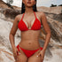 Bikini Solid Red Triangle Halter V Neck 2 Piece Swimsuit for Women – Stretchy Tie Back and Side Laced Bikini Set with Sexy Lace Up Detail – Bold Summer Swimwear for Beach Vacations Pool Parties and Sunbathing Style