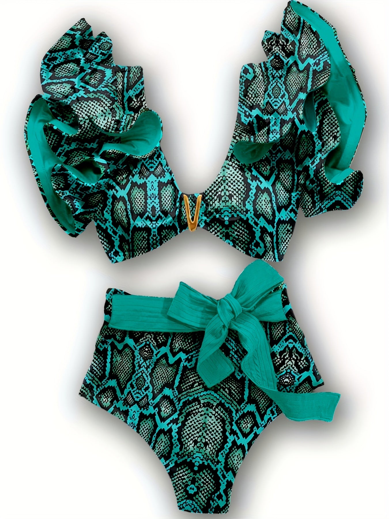 New Vibrant Ruffle V-Notch Bikini Set – Flattering Tie Front Design with High Waist & High Cut Bottoms – Solid Color Two-Piece Swimsuit for Women’s Valentine’s Day Beachwear Poolside Lounging & Summer Escapes