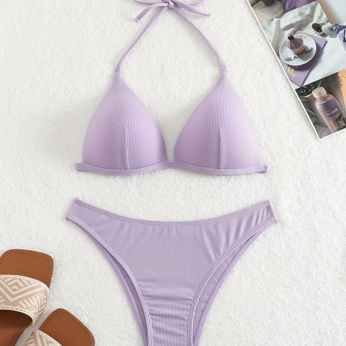 Bikini Rib Knit Solid Color Triangle 2 Piece Swimsuit for Women – Adjustable Tie Back Halter Bikini Set with Spaghetti Straps – High Stretch Polyester Swimwear for Summer Beachwear Poolside Relaxation and Tropical Vacation