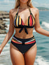 New Bikini Striped Bow Halter High Waist 2 Piece Swimsuit for Women – Colorful Backless Bikini Set with Knot Detail for Summer – Stretchy Retro-Inspired Summer Bathing Suit for Beach Vacation Pool Party Resort Look