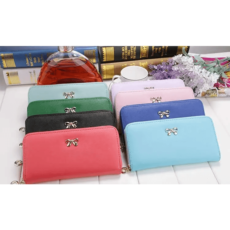 Elegant PU Leather Pink Bowknot Women Long Wallet Fashion Color Purse Phone Card Holder Women Trendy Large Capacity