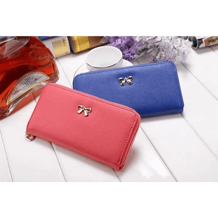 Elegant PU Leather Pink Bowknot Women Long Wallet Fashion Color Purse Phone Card Holder Women Trendy Large Capacity