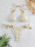 Bikini Ruched Texture Golden Chain 2 Piece Triangle Swimsuit for Women – Striped Halter Bikini Set with Bow Tie Side and Elegant Ring Link Detail – Stretchy Beachwear for Pool Bathing and Summer Vacations