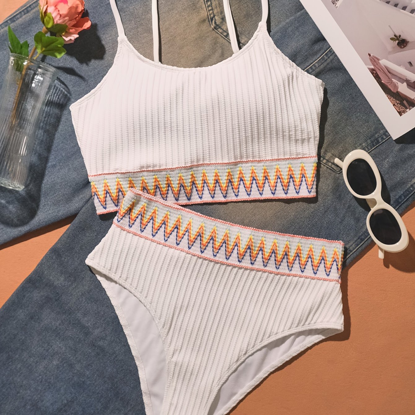 Bikini Scoop Neck High Waist 2 Piece Swimsuit for Women – Chic Solid Color Bikini Set with Contrast Band Detail – Stretchy Comfortable Flattering Swimwear for Beach Pool and Summer Vacation