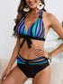New Bikini Striped Bow Halter High Waist 2 Piece Swimsuit for Women – Colorful Backless Bikini Set with Knot Detail for Summer – Stretchy Retro-Inspired Summer Bathing Suit for Beach Vacation Pool Party Resort Look