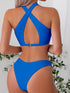 Bikini Criss Cross Neck 2 Piece High Cut Flattering Swimsuit for Women – Elegant Solid Color Bikini Set with Stretchy Cross Strap Detailing – Comfortable and Stylish Swimwear for Poolside Lounging Beach Days & Summer Vacations