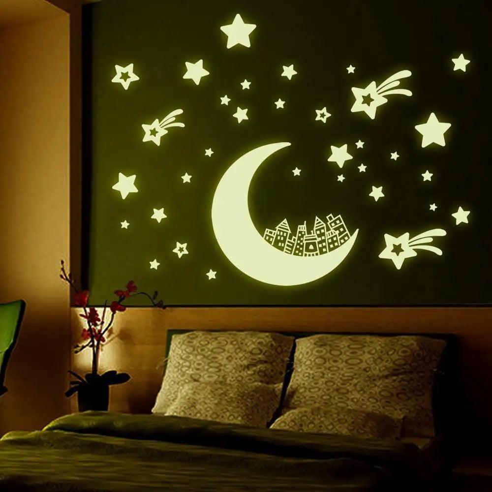 Fabulous Moon Star Fluorescence Noctilucent Night Glow in Dark Luminous Vinyl Removable Nursery Kids Child Bedroom Wall