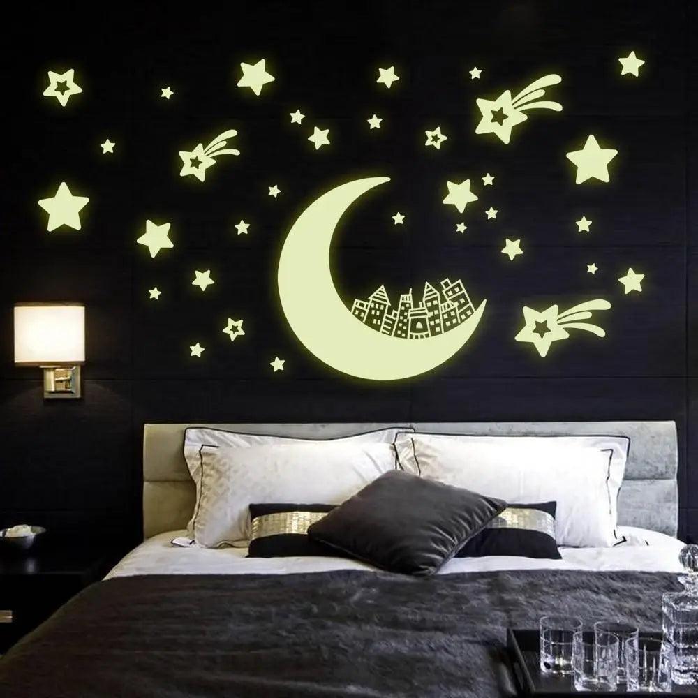Fabulous Moon Star Fluorescence Noctilucent Night Glow in Dark Luminous Vinyl Removable Nursery Kids Child Bedroom Wall