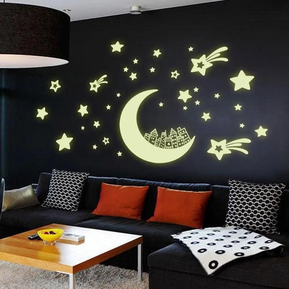 Fabulous Moon Star Fluorescence Noctilucent Night Glow in Dark Luminous Vinyl Removable Nursery Kids Child Bedroom Wall