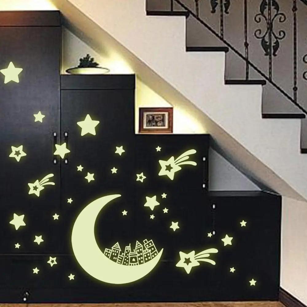 Fabulous Moon Star Fluorescence Noctilucent Night Glow in Dark Luminous Vinyl Removable Nursery Kids Child Bedroom Wall
