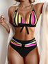 New Bikini Striped Bow Halter High Waist 2 Piece Swimsuit for Women – Colorful Backless Bikini Set with Knot Detail for Summer – Stretchy Retro-Inspired Summer Bathing Suit for Beach Vacation Pool Party Resort Look