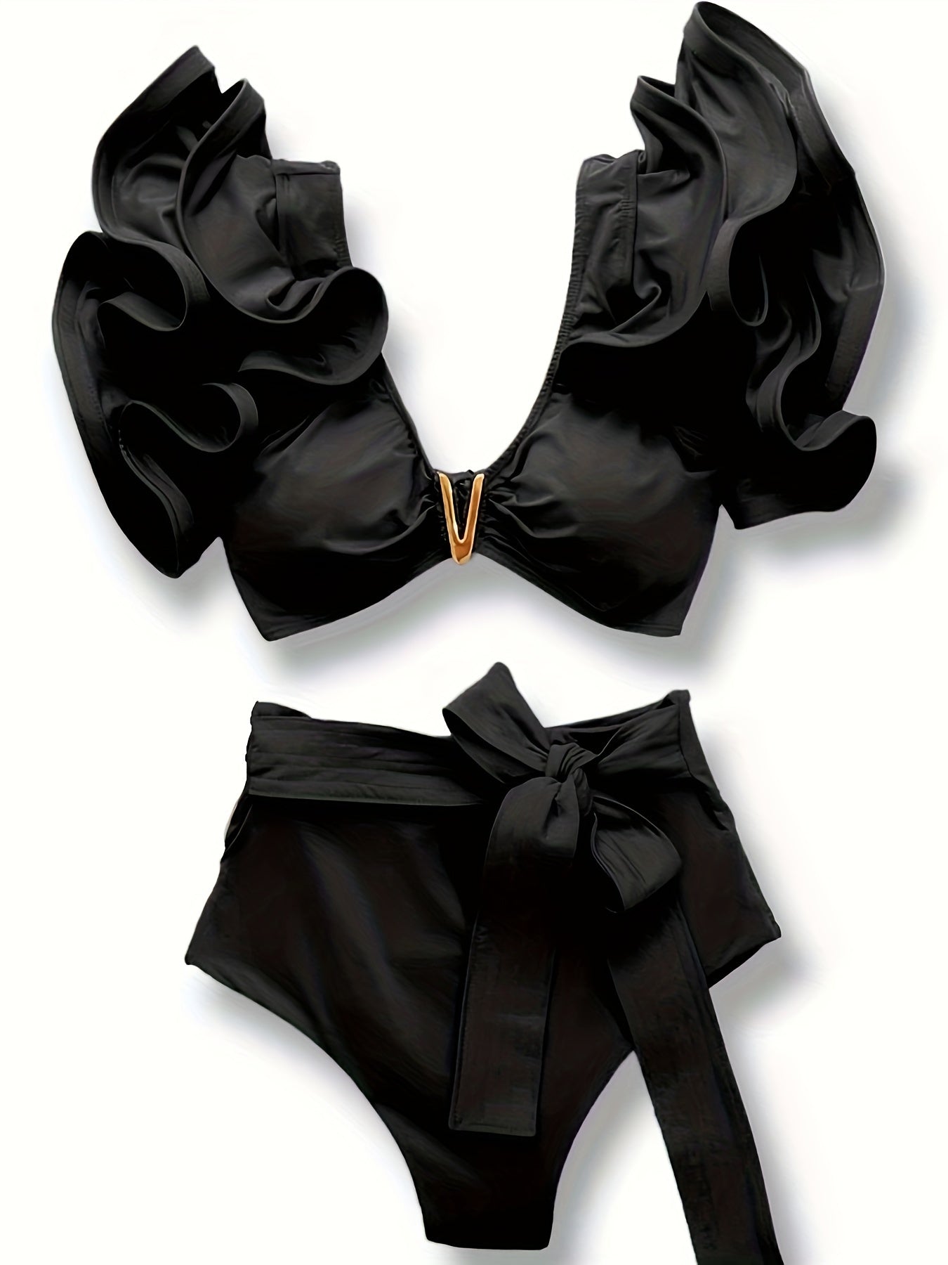 New Vibrant Ruffle V-Notch Bikini Set – Flattering Tie Front Design with High Waist & High Cut Bottoms – Solid Color Two-Piece Swimsuit for Women’s Valentine’s Day Beachwear Poolside Lounging & Summer Escapes