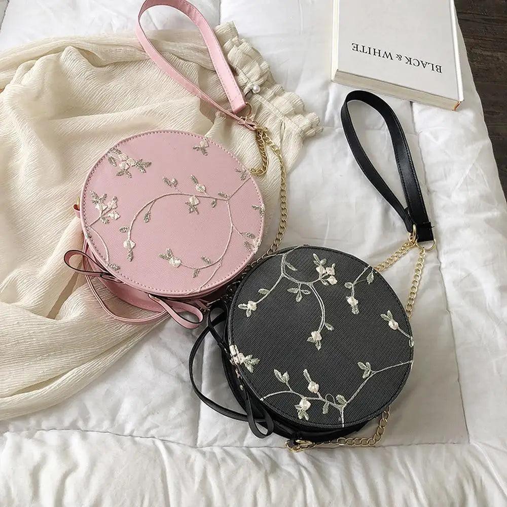 Hot Looking Sweet Lace Round Handbags High Quality PU Leather Small Fresh Flower Chain Shoulder Crossbody Bags