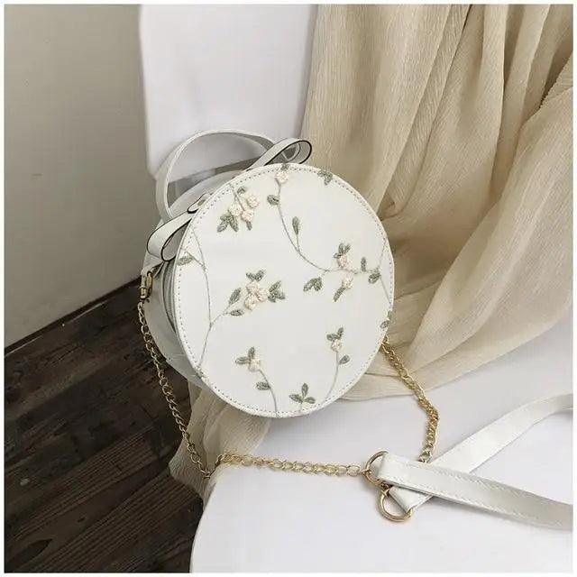 Hot Looking Sweet Lace Round Handbags High Quality PU Leather Small Fresh Flower Chain Shoulder Crossbody Bags