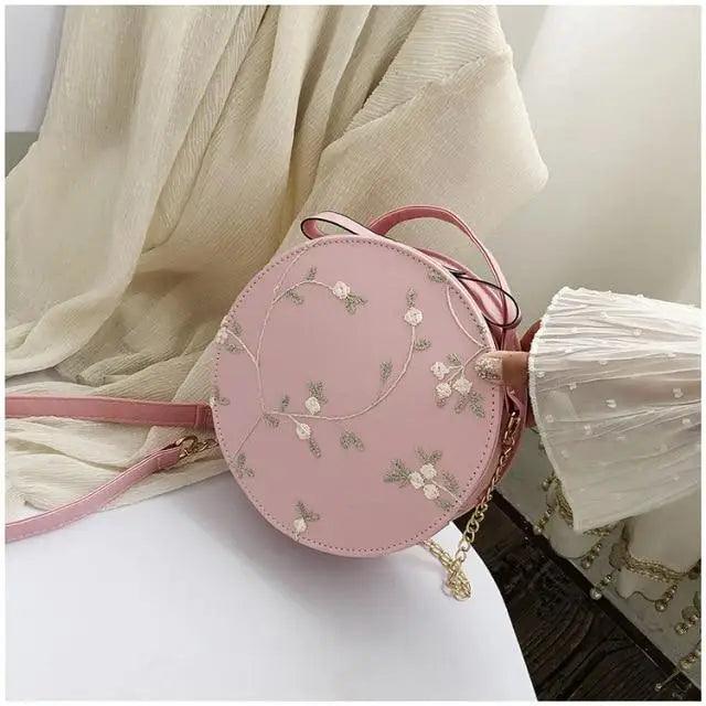 Hot Looking Sweet Lace Round Handbags High Quality PU Leather Small Fresh Flower Chain Shoulder Crossbody Bags