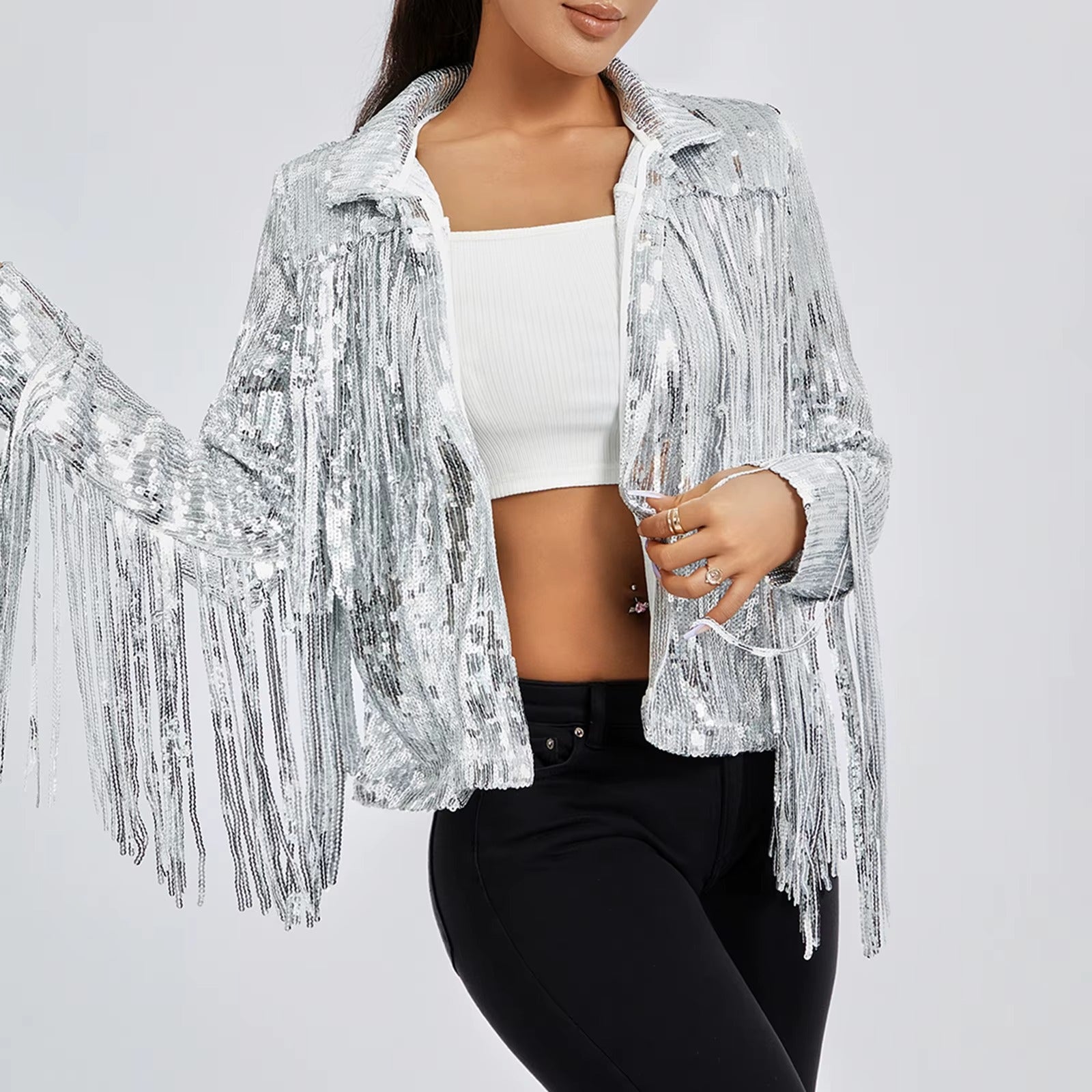 Modern Trend Sterlling Women's Tassel Sequin Jacket Autumn Winter Streewear Rock Stylish Long-sleeved Silver Reflective Jacket Women Outwear Tops