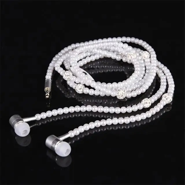 Ladies Luxury Pearl Necklace Pink Earphones With Mic Excellent Sound Quality Stereo Earphones For Everyday Use - White