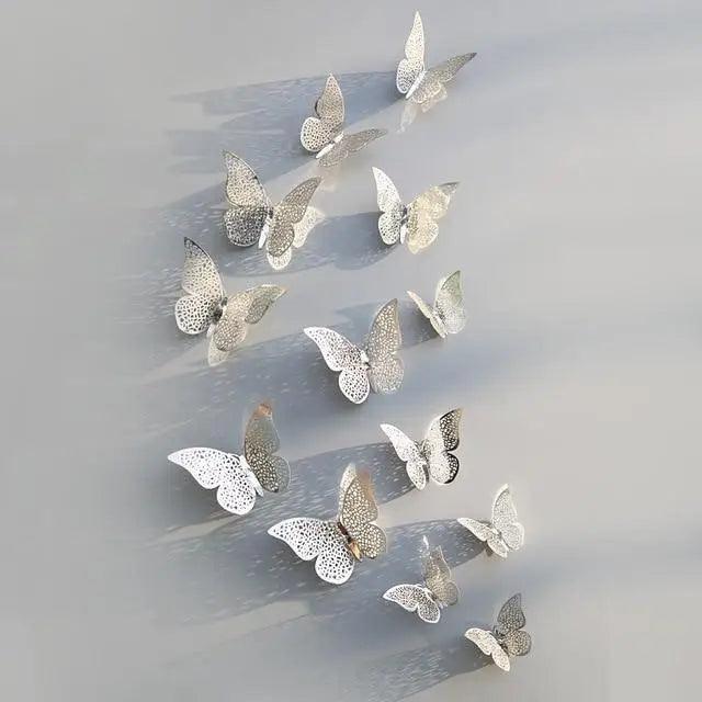 New Shinny 12pcs/set Hollow 3D Butterfly Wall Sticker for Wedding Decoration living room window Home Decor Gold silver