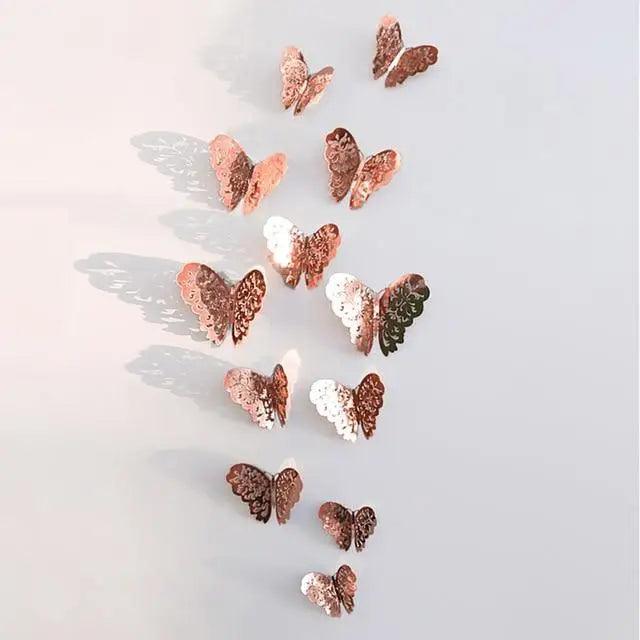 New Shinny 12pcs/set Hollow 3D Butterfly Wall Sticker for Wedding Decoration living room window Home Decor Gold silver