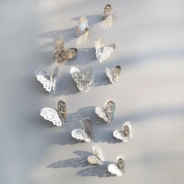 New Shinny 12pcs/set Hollow 3D Butterfly Wall Sticker for Wedding Decoration living room window Home Decor Gold silver