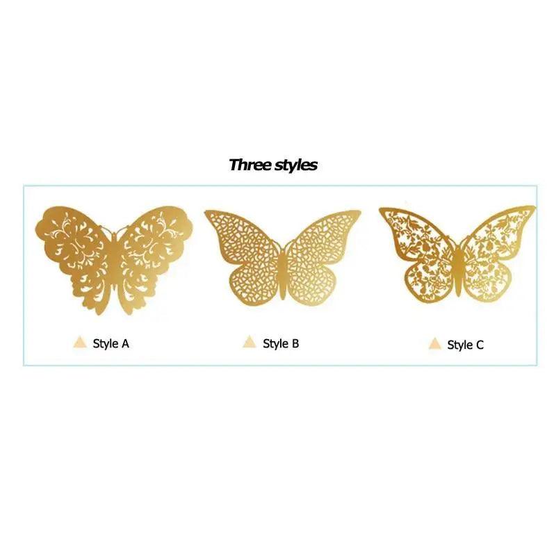 New Shinny 12pcs/set Hollow 3D Butterfly Wall Sticker for Wedding Decoration living room window Home Decor Gold silver