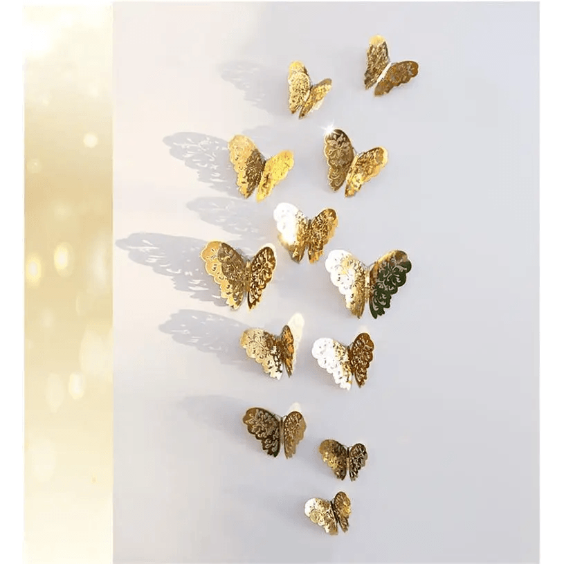 New Shinny 12pcs/set Hollow 3D Butterfly Wall Sticker for Wedding Decoration living room window Home Decor Gold silver