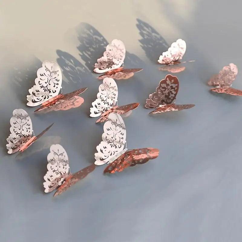 New Shinny 12pcs/set Hollow 3D Butterfly Wall Sticker for Wedding Decoration living room window Home Decor Gold silver