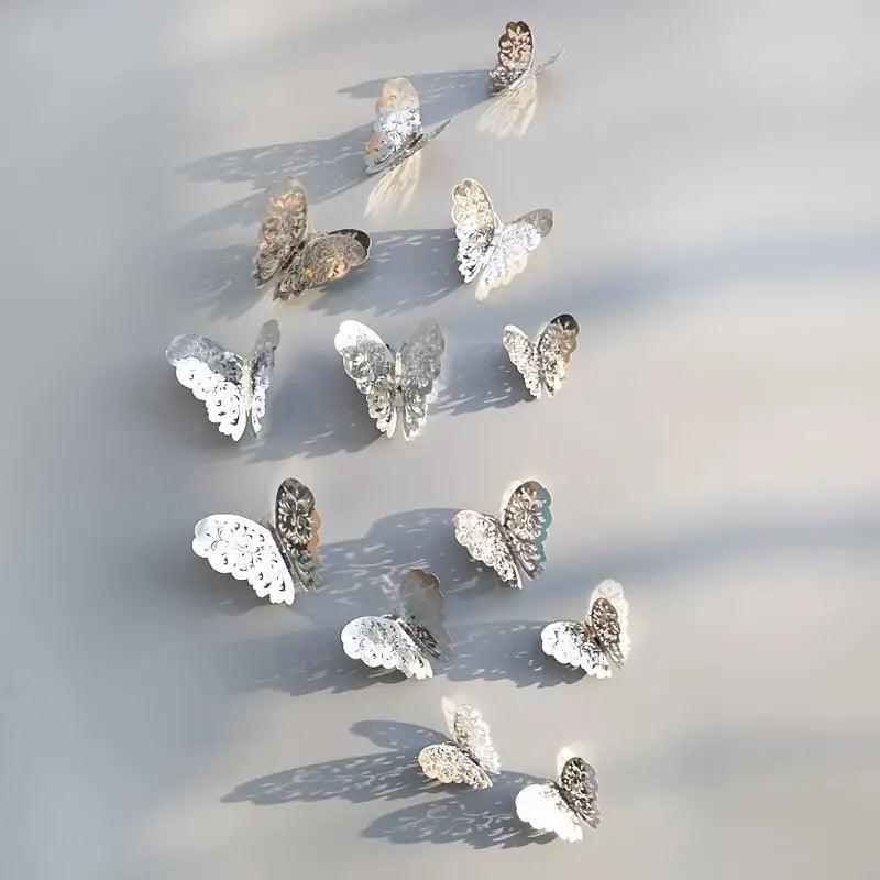 New Shinny 12pcs/set Hollow 3D Butterfly Wall Sticker for Wedding Decoration living room window Home Decor Gold silver