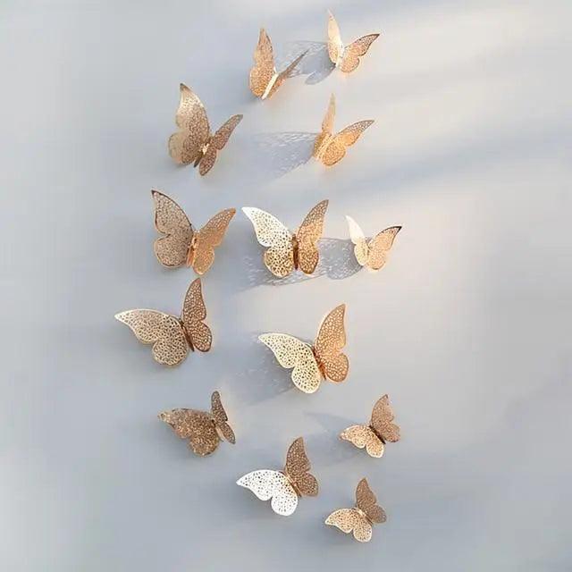 New Shinny 12pcs/set Hollow 3D Butterfly Wall Sticker for Wedding Decoration living room window Home Decor Gold silver