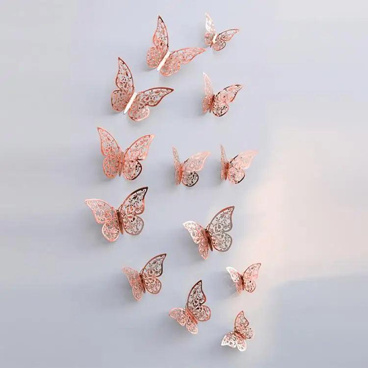 New Shinny 12pcs/set Hollow 3D Butterfly Wall Sticker for Wedding Decoration living room window Home Decor Gold silver