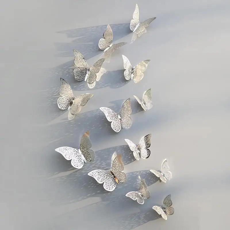 New Shinny 12pcs/set Hollow 3D Butterfly Wall Sticker for Wedding Decoration living room window Home Decor Gold silver