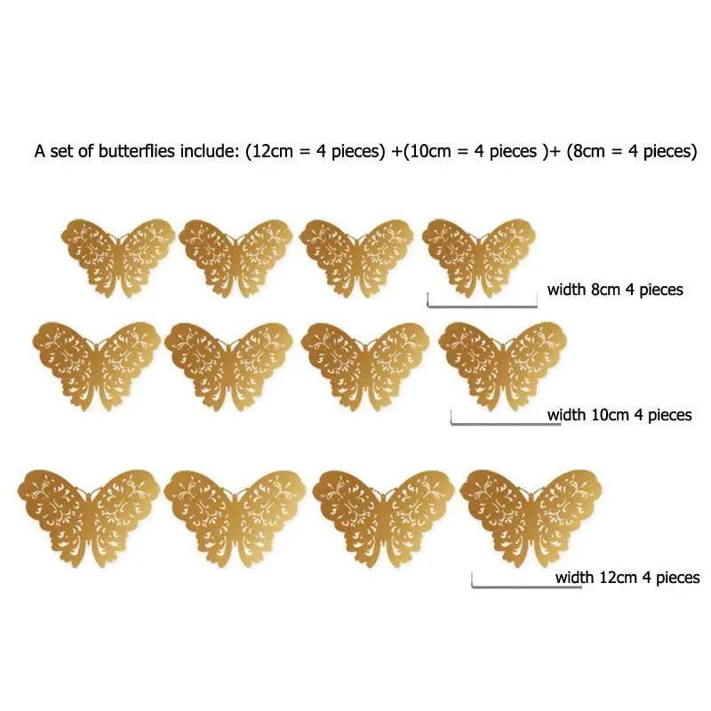 New Shinny 12pcs/set Hollow 3D Butterfly Wall Sticker for Wedding Decoration living room window Home Decor Gold silver