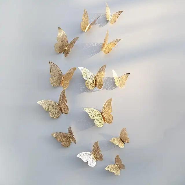 New Shinny 12pcs/set Hollow 3D Butterfly Wall Sticker for Wedding Decoration living room window Home Decor Gold silver