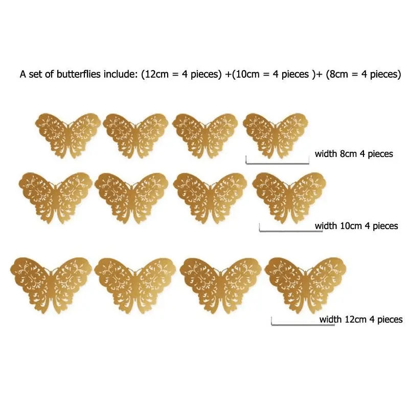 New Shinny 12pcs/set Hollow 3D Butterfly Wall Sticker for Wedding Decoration living room window Home Decor Gold silver