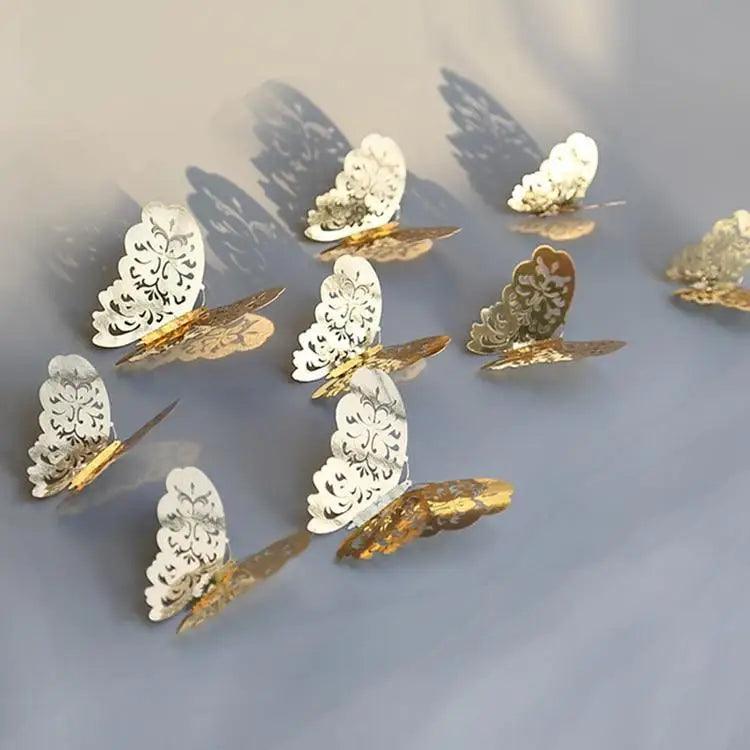 New Shinny 12pcs/set Hollow 3D Butterfly Wall Sticker for Wedding Decoration living room window Home Decor Gold silver