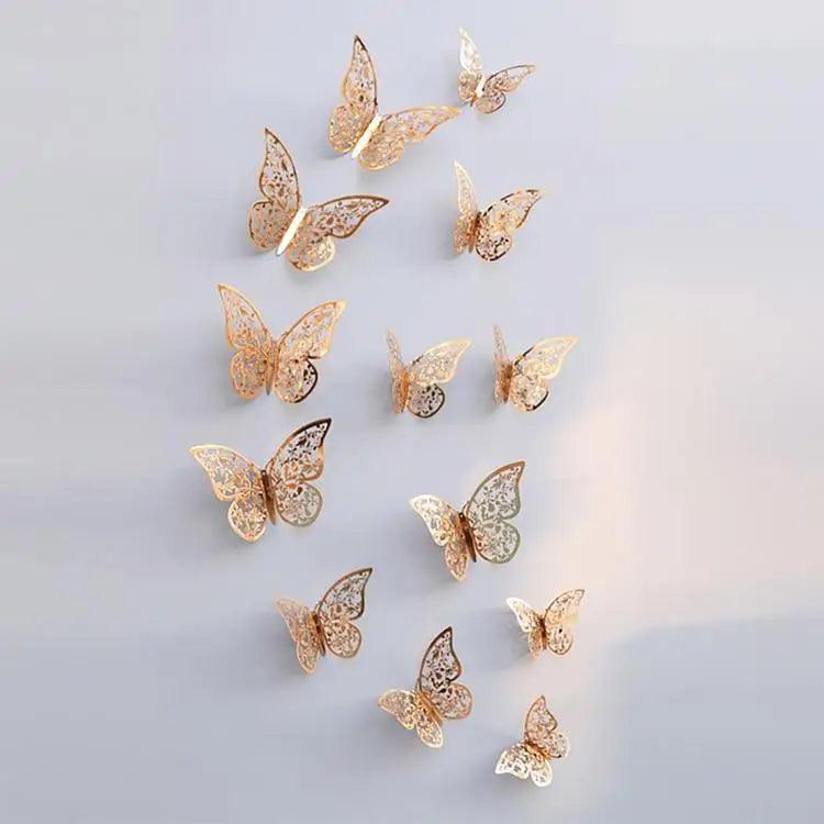 New Shinny 12pcs/set Hollow 3D Butterfly Wall Sticker for Wedding Decoration living room window Home Decor Gold silver