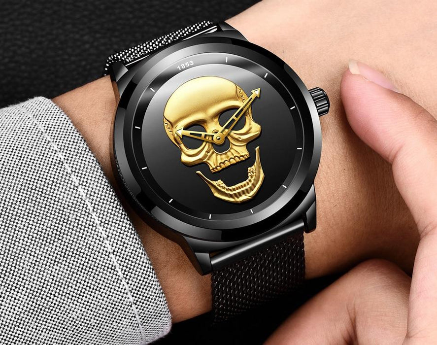 Men's Waterproof Stainless Steel Watch  3D Skull And Fluorescent Hands Unique Design Perfect Gift